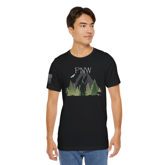 PNW MOUNTAIN & SASQUATCH T-SHIRT - Grey Logos