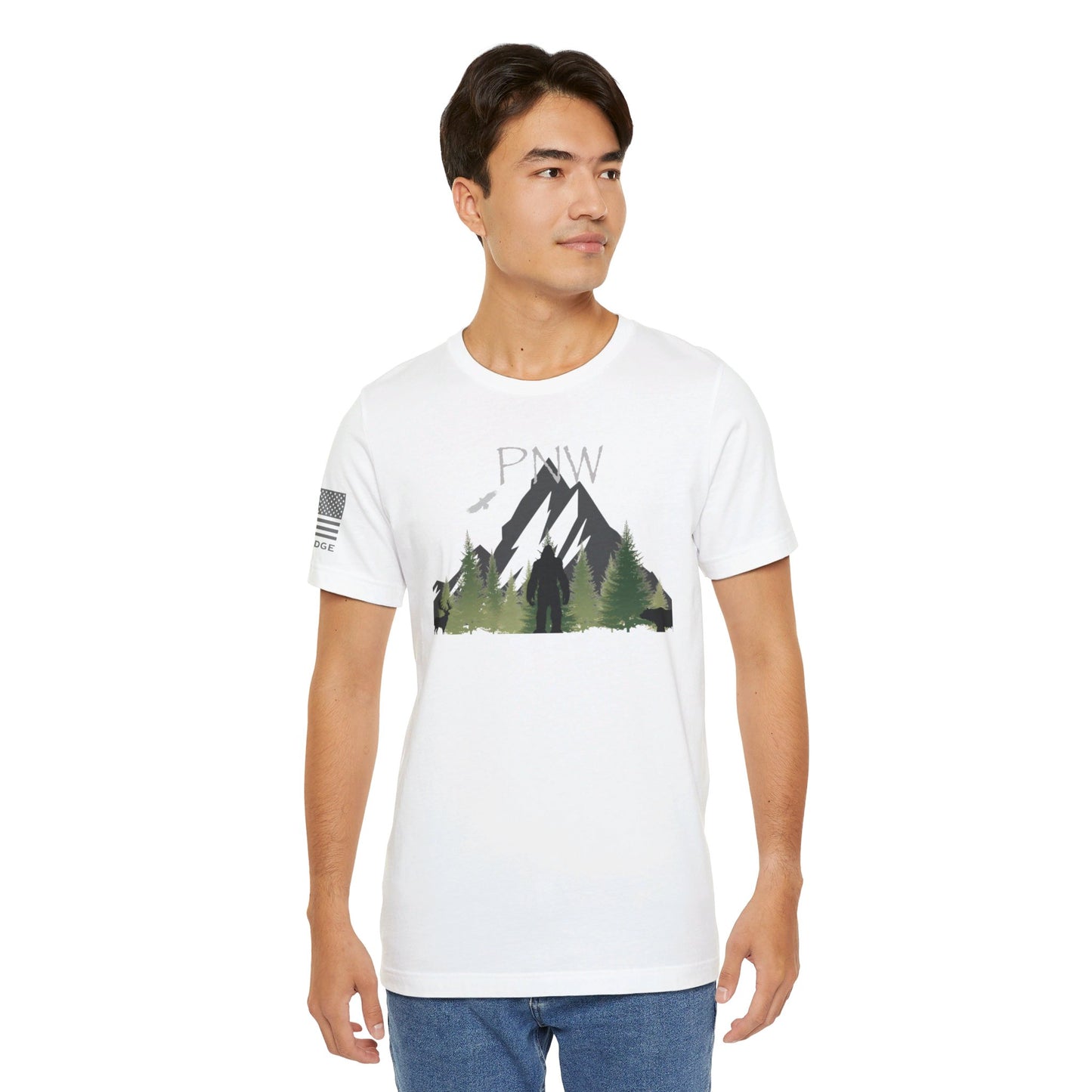 PNW MOUNTAIN & SASQUATCH T-SHIRT - Grey Logos